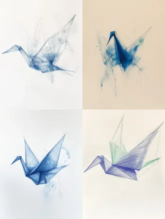 an intimate minimalist drawing of one origami paper crane, placed slightly below centre with generous warm-white empty space. a sensitive cobalt-blue ink line describes its angular wings and bent neck, alternating between delicate, hesitant and confident strokes. one small translucent spring-green wash touches a folded plane, with a faint blue shadow beneath. modernist economy of form, subtle asymmetry, visible paper grain, quiet anticipation. flat handmade artwork, no lettering, no scenery, no additional objects.