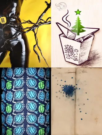 a two-colour handmade linocut composition. repeated small origami crane silhouettes form an irregular diagonal current across pale butter-yellow paper. most cranes face upward-right; one vivid green crane near the left edge turns in the opposite direction. the flock is densely packed in one area and breaks into wide gaps elsewhere. deep cobalt-blue printing ink, fresh green accent, rough carved edges and occasional imperfect impressions. bold flat shapes, economical detail, rhythmic asymmetry, quiet individuality. edge-to-edge artwork, no text, no border.