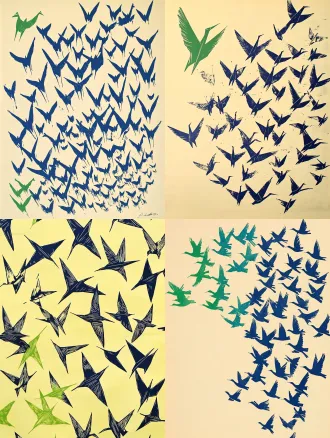 a two-colour handmade linocut composition. repeated small origami crane silhouettes form an irregular diagonal current across pale butter-yellow paper. most cranes face upward-right; one vivid green crane near the left edge turns in the opposite direction. the flock is densely packed in one area and breaks into wide gaps elsewhere. deep cobalt-blue printing ink, fresh green accent, rough carved edges and occasional imperfect impressions. bold flat shapes, economical detail, rhythmic asymmetry, quiet individuality. edge-to-edge artwork, no text, no border.