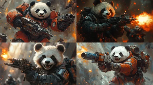 一个熊猫，穿着科技战甲，战甲的一根机械臂上装有一架加特林，另一根机械臂上装有一个六连发榴弹发射器，手中拿着一把爆弹枪，一边怒吼，一边朝着敌人开火