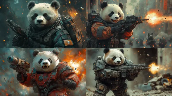 一个熊猫，穿着科技战甲，战甲的一根机械臂上装有一架加特林，另一根机械臂上装有一个六连发榴弹发射器，手中拿着一把爆弹枪，一边怒吼，一边朝着敌人开火