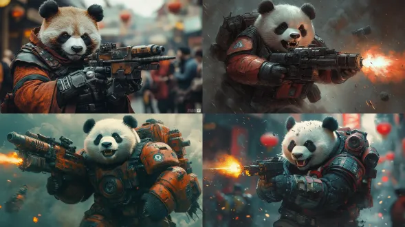 一个熊猫，穿着科技战甲，战甲的一根机械臂上装有一架加特林，另一根机械臂上装有一个六连发榴弹发射器，手中拿着一把爆弹枪，一边怒吼，一边朝着敌人开火