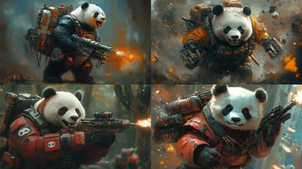 一个熊猫，穿着科技战甲，战甲背包上延展出两根机械臂，一根机械臂上装有一架加特林，另一根机械臂上装有一个六连发榴弹发射器，手中拿着一把爆弹枪，一边怒吼，一边朝着敌人开火，战甲上有熊猫头徽记