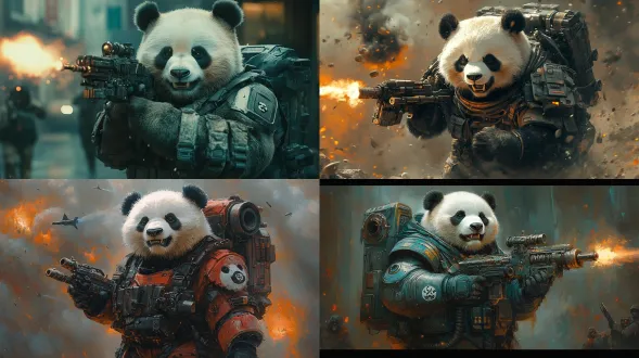 一个熊猫，穿着科技战甲，战甲背包上延展出两根机械臂，一根机械臂上装有一架加特林，另一根机械臂上装有一个六连发榴弹发射器，手中拿着一把爆弹枪，一边怒吼，一边朝着敌人开火，战甲上有熊猫头徽记