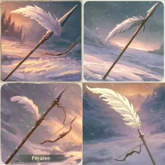 一支插着白羽的长矛斜立在风雪里，矛尾挂着一张短弓