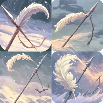 一支插着白羽的长矛斜立在风雪里，矛尾挂着一张短弓