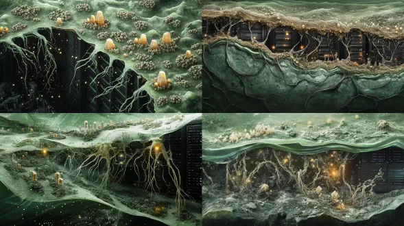 半透明生物膜、矿物结晶、菌丝与数据根须、冷绿灰基调、琥珀微光、显微与宏观混合尺度、档案标本感、细腻颗粒、无文字。画面主体是庞大的数据根须系统，半透明根须穿透屏幕边缘、地层剖面和服务器机柜，菌丝缠绕在根须表面，矿物结晶在节点处生长，数据流光像养分一样在根内流动；环境是地下剖面空间，冷绿灰土层与暗色金属结构，琥珀色节点光；材质强调半透明膜、潮湿菌丝、矿物结晶和冷金属；宏观剖面视角，广角但构图有秩序，根须形成网状结构；当代艺术数字图像，基础设施档案感，低饱和，克制，不要赛博朋克霓虹。