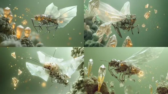 半透明生物膜、矿物结晶、菌丝与数据根须、冷绿灰基调、琥珀微光、显微与宏观混合尺度、档案标本感、细腻颗粒、无文字。画面主体是一只机械授粉者，身体由矿物结晶、简洁金属关节和半透明生物膜翅膀构成，它携带发光的抽象几何碎片，碎片上没有任何文字，在共生体之间飞行，花粉是发光的像素尘埃；环境是微观算法花园，冷绿灰背景，琥珀色光源照亮飞行路径；材质强调膜翅透明度、金属哑光、结晶反光和像素尘埃；微距动态抓拍视角，浅景深，主体清晰，背景虚化；当代艺术数字图像，生态观察摄影感，低饱和，安静，不要卡通昆虫。
