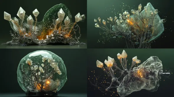 半透明生物膜、矿物结晶、菌丝与数据根须、冷绿灰基调、琥珀微光、显微与宏观混合尺度、档案标本感、细腻颗粒、无文字。画面主体是一株植物、机械结构与算法膜完美共生的生态体，半透明生物膜包裹枝条，矿物结晶在膜内生长，数据根须与菌丝缠绕，机械关节像花萼一样托住新芽，琥珀色光从内部缓慢透出；环境是极简暗色背景，冷绿灰基调，无多余杂物；材质强调生物膜的通透、结晶的冷光、菌丝的柔软和金属的克制；正面标本肖像构图，微距与宏观混合尺度，主体居中，干净、平衡、安静；当代艺术数字图像，档案标本感，低饱和，精致但不塑料。
