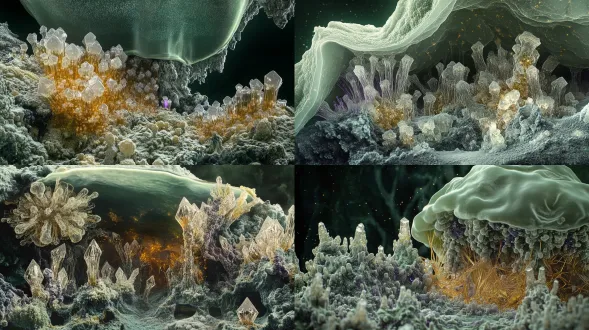 半透明生物膜、矿物结晶、菌丝与数据根须、冷绿灰基调、琥珀微光、显微与宏观混合尺度、档案标本感、细腻颗粒、无文字。画面主体是寄生在共生体上的异形结构，像滤镜病毒和模型偏见长成的错误增殖物，半透明膜下出现像素噪点，菌丝打结，矿物结晶异常增生，局部有少量病态紫红色作为异常信号，但整体仍以冷绿灰和琥珀微光为主；环境是暗色生态切片背景；材质强调病变膜、错误像素、打结菌丝和尖锐结晶；生态病理切片视角，正面标本构图，细节清晰，令人不安但不恐怖；当代艺术数字图像，低美化，低饱和，克制。
