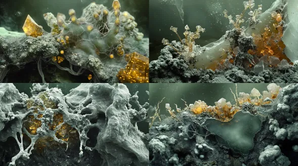 半透明生物膜、矿物结晶、菌丝与数据根须、冷绿灰基调、琥珀微光、显微与宏观混合尺度、档案标本感、细腻颗粒、无文字。画面主体是一株过拟合导致的畸形植物突变体，植物组织与像素碎片错误融合，菌丝打结成怪异的节，色彩出现轻微错位，半透明材质破裂并带故障噪点，形态畸形；环境是暗色生态病理背景；材质强调错误融合、破裂膜、像素碎片、异常结晶；正面生态病理切片构图，标本式居中，细节清晰；当代艺术数字图像，低美化，低饱和，怪异但克制，不要恐怖片。