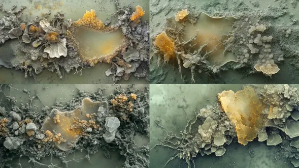 半透明生物膜、矿物结晶、菌丝与数据根须、冷绿灰基调、琥珀微光、显微与宏观混合尺度、档案标本感、细腻颗粒、无文字。画面主体是衰败中的算法植物，叶片干瘪，半透明膜破裂，数据根须断裂，菌丝失去光泽，矿物结晶蒙尘，琥珀色光几乎熄灭；环境是灰褐与冷绿灰混合的腐殖层，空气中有细腻灰尘和噪点；材质强调干枯膜、断裂根须、蒙尘结晶和腐烂像素；俯视微观衰败切片，构图安静，细节丰富但低能量；当代艺术数字图像，档案标本感，低饱和，克制，不要恐怖。