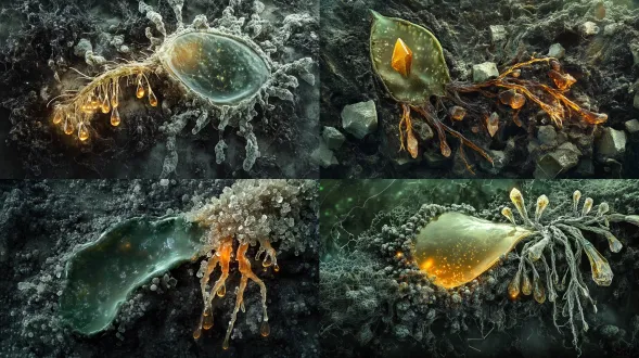 半透明生物膜、矿物结晶、菌丝与数据根须、冷绿灰基调、琥珀微光、显微与宏观混合尺度、档案标本感、细腻颗粒、无文字。画面主体是一株从失败样本残骸中长出的新芽，新根须穿过像素腐殖层，半透明生物膜重新形成，矿物结晶像露珠一样挂在新芽边缘，暖琥珀色光从内部回归，周围仍有旧突变体的残片；环境是暗色腐殖层与旧数据碎片混合的基质；材质强调新膜的湿润、旧残片的粗糙、结晶的清透；微距低角度视角，主体居中偏上，希望感但克制；当代艺术数字图像，生态档案感，低饱和，安静。