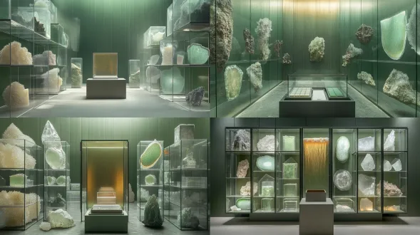 半透明生物膜、矿物结晶、菌丝与数据根须、冷绿灰基调、琥珀微光、显微与宏观混合尺度、档案标本感、细腻颗粒、无文字。画面主体是一座巨大的透明标本档案柜，里面整齐归档着算法花园的生态切片：半透明生物膜、矿物结晶、菌丝与数据根须被封存在玻璃格中，中央留有一个空的标本盒和空的观察位置；环境是冷静的档案空间，冷绿灰墙面，琥珀色微光从柜内透出；材质强调玻璃、半透明膜、矿物结晶、哑光金属和细腻灰尘；正面广角构图，建筑感，格栅秩序清晰，主体宏大但安静；当代艺术数字图像，档案摄影感，低饱和，克制，画面无人物、无文字。