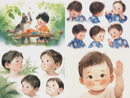 儿童绘本插画风格，水彩画，柔和的光线，温柔的色调，可爱且富有表现力的角色，高度细节，角色设计表，正面与侧面视图，儿童绘本插画风格，水彩。一个名叫小乐的6岁中国男孩，黑色短发，大而圆的眼睛富有表现力，小鼻子，温柔的微笑。性格好奇，略带胆怯但勇敢。穿着舒适的蓝色睡衣套装（或简单的t恤短裤）。可爱的卡通风格，柔和的色彩，柔和的光线，宫崎骏风格影响，情感丰富，高细节，全身照，角色参考表。