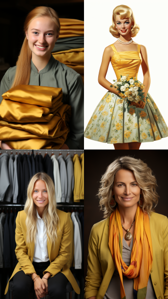 帮我生成欧洲女人，手里抱着叠好的衣服，穿着黄色的裙子，开心的笑着。白色背景