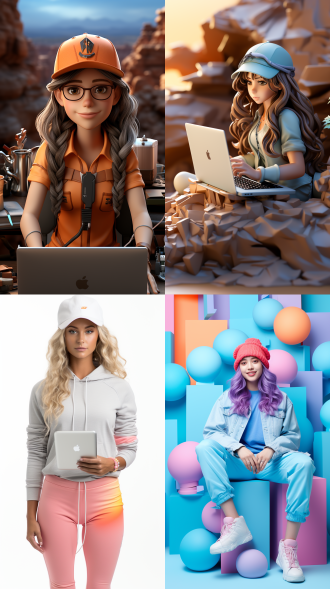 为我制作头像：白色背景，3d卡通风格女孩，精致的脸部，带鸭舌帽，夏季潮流时尚服装，泡泡玛特配色，亮丽配色，上半身，女孩坐在电脑旁边，由pop mart制作，光滑细腻，黏土材料，辛烷值渲染，超细节，8k,