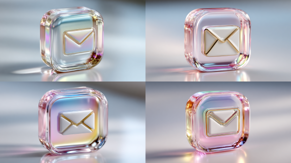 a mail app icon in a glassmorphism style, a translucent frosted glass squircle, inside the glass is a simple white 【envelope】 symbol. the icon has subtle soft shadows and iridescent highlights. soft ambient lighting on a clean white background. ui/ux, icon design, trending on dribbble, 4k.