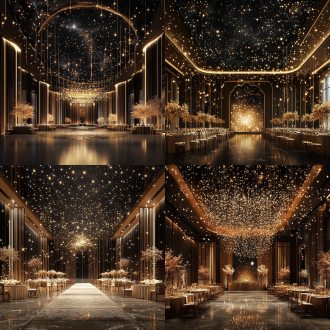 黑色空间婚礼堂设计，颁奖仪式感，窗户造型，咖色铁艺，水晶点缀，主背景大气，金色铁艺与深咖亚克力结合，数控灯光星空顶，火柴灯效果，主背景机动装置，华丽风格，广角镜头，暖光色调，高对比度，金属质感，精致细节，光影层次，浪漫氛围，璀璨夺目，奢华感。