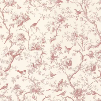 seamless repeating pattern, vintage french toile de jouy wallpaper, delicate stippled engraving line art of twisting flowering rose tree branches, blooming peony flowers, small lemon fruits, multiple little songbirds perched on twigs and one flying swallow, single muted dusty blush pink color on soft cream off-white background, elegant soft vintage aesthetic, no extra elements, perfectly seamless
