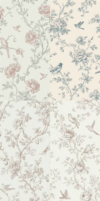 a seamless, repeating wallpaper pattern in the french vintage "toile de jouy" style. featuring delicate, stippled, engraving-style lines, the design depicts winding rose stems, blooming peonies, and small lemons, accented by songbirds perched on branches and a swallow in flight. the composition uses a soft, dusty-pink palette set against a creamy, off-white background, evoking an elegant, gentle, and nostalgic aesthetic. with its clean, uncluttered design, the pattern allows for a perfectly seamless, continuous repeat.