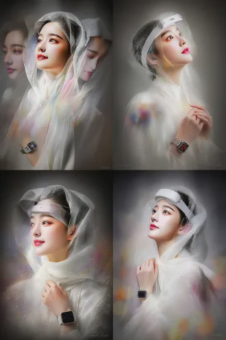 白衣女子水墨画风格，戴无框vr头显仰望天空，华为手表微光，幸福表情，极简构图，负空间运用，科技与水墨融合，逼真面容，色彩鲜明，8k高清，博物馆级品质，3:4画幅，柔焦，逆光，环境光，低饱和度，动态模糊，宁静氛围，数字艺术，光线追踪，柔光箱照明，浅景深，自然姿态，柔和阴影，和谐色调，空灵美感，沉浸式体验