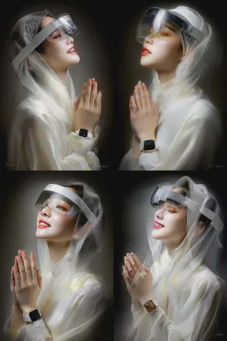 a white-clad woman in traditional ink wash painting style, wearing a frameless vr headset, gazes up at the sky. her huawei watch glows softly, her expression one of happiness. the minimalist composition features negative space, the fusion of technology and ink wash, a lifelike face, vibrant colors, 8k high definition, museum-quality, a 3:4 aspect ratio, a soft blur, backlighting, ambient light, low saturation, dynamic blur, a tranquil atmosphere, digital aquadruple exposure portrait,叠加合成 using average, weighted average, and lighten blending modes to control highlights, with natural light and shadow gradients and semi-transparent overlapping areas. the合成 imagery blends photography, ink wash painting, and oil painting styles — a museum-grade collection piece. high resolution, soft lighting, delicate texture, classical tones, profound emotion, rembrandt lighting. the model wears a tech-inspired wristband and vr glasses, with emphasis on the vr-glasses-wearing model. the vr glasses are transparent, cinematic light illuminates the female model's face, highlighting her prominence. the vr-glasses-wearing model displays an expression of technological happiness and contentment. medium-telephoto lens, stylization parameter 750