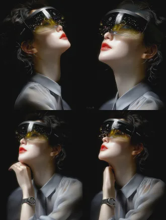 三重曝光肖像，高光控制，光影渐变，半透明重叠区域。融合水墨画与油画风格，博物馆馆藏级作品。高分辨率，柔和光线，细腻质感，古典色调，伦勃朗式用光。模特佩戴科技感手环与vr眼镜，vr眼镜透明，电影灯光照亮面部，流露幸福满足感。中长焦镜头，风格化参数150，艺术情感丰富。