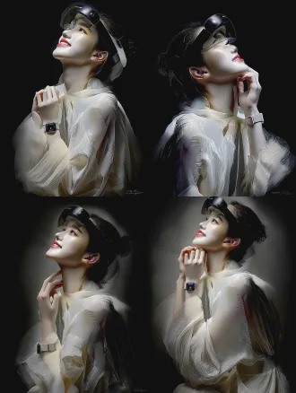 a white-clad woman in traditional ink wash painting style, wearing a frameless vr headset, gazes up at the sky. her huawei watch glows softly, her expression one of happiness. the minimalist composition features negative space, the fusion of technology and ink wash, a lifelike face, vibrant colors, 8k high definition, museum-quality, a 3:4 aspect ratio, a soft blur, backlighting, ambient light, low saturation, dynamic blur, a tranquil atmosphere, digital aquadruple exposur