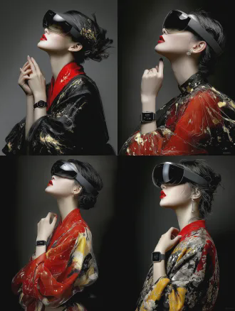红衣墨痕女子戴无框vr头显仰望天空，腕戴华为手环9微光闪烁，幸福表情，极简留白构图，科技与水墨融合，写实面部，生动色彩，8k高清，博物馆品质，3:4画幅，风格化参数350