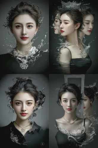 几幅画作堆叠万花筒，东方水墨意境与欧洲古典油画的光影交融，诗意幻影肖像系列。 主体现人物温婉清晰，但轮廓向外晕染出层层半透明的虚影，如同墨色滴入清水，缓缓扩散，虚实相生。 构图不设固定框架，任由光影与墨韵自然流淌形成重叠区域，人物仿佛从古典的朦胧梦境中浮现。 光影柔和且富有层次，采用柔化的伦勃朗光，光线如薄纱般笼罩，同时保留关键部位（眼眸、项链）的点睛高光