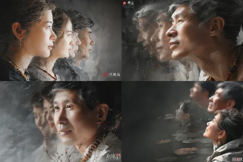 几幅画作堆叠万花筒，东方水墨意境与欧洲古典油画的光影交融，诗意幻影肖像系列。 主体现人物温婉清晰，但轮廓向外晕染出层层半透明的虚影，如同墨色滴入清水，缓缓扩散，虚实相生。 构图不设固定框架，任由光影与墨韵自然流淌形成重叠区域，人物仿佛从古典的朦胧梦境中浮现。 光影柔和且富有层次，采用柔化的伦勃朗光，光线如薄纱般笼罩，同时保留关键部位（眼眸、项链）的点睛高光