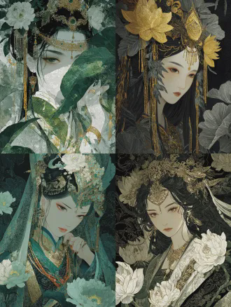 国风插画，水墨丹青，清冷光影层次，电影质感，故事氛围，东方古风奇幻冷艳美人，戴面纱，丹凤眼，眼神对焦，姿态诡谲；整体风格为暗黑华丽美学，金银材质精美头饰珠宝；以绿、鎏金为主，高雅质感、幻想细节，国风光影，空灵审美杰作，8k，大师级，动态视觉冲击力，橘色滤镜，色彩对比
