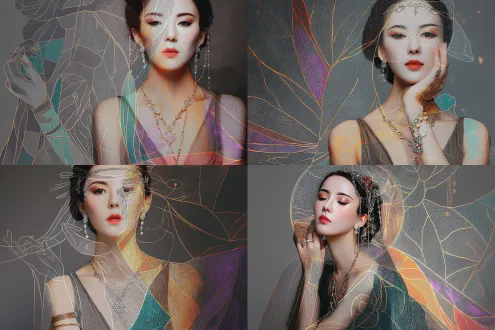 国风插画，水墨丹青，清冷感，光影层次感，电影质感梦幻感，营造出充满故事感氛围的画面，东方古风奇幻而冷艳的美人，脸上戴面纱，迷人丹凤眼，眼神对着镜头，姿态诡谲邪魅；整体风格为暗黑华丽美学，融合华丽的金银材质的精美头饰珠宝，流苏，与神秘邪魅气质；配色以绿、鎏金为主，高雅的质感、幻想细节，国风光影，空灵的审美，杰作，8k，高清细节，大师级，动态的，视觉冲击力的，整体有一层绿色橘色的滤镜，色彩对比