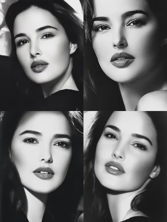 black and white fine art portrait, study of mediterranean classical beauty. medium format camera, 85mm f/1.4 lens. a woman with noble features: oval face, deep-set eyes with penetrating gaze, refined arched brows, straight grecian nose, well-proportioned lips with a contemplative expression. wavy dark hair. masterful rembrandt lighting, dramatic chiaroscuro sculpting the face. skin texture rendered with photographic precision, natural subtle details preserved, no artificial smoothing. elegant, dignified expression conveying inner strength. rich tonal range, deep blacks, luminous highlights. museum-quality archival print.