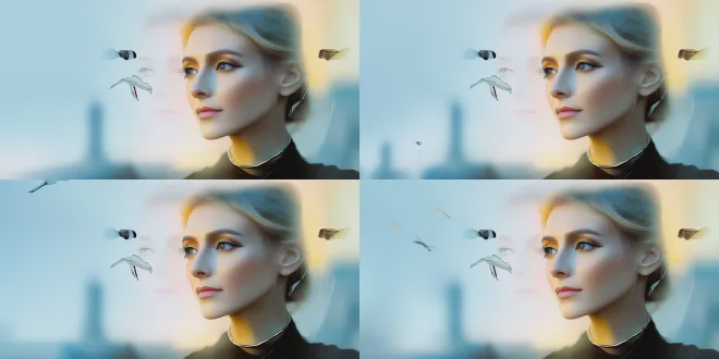 三重曝光人像，高光控制，光影渐变，半重叠区域，融合中国传统水墨画与油画风格，博物馆级品质，高分辨率，柔和光线，细腻纹理，古典色调，伦勃朗式布光，模特佩戴科技手环和vr眼镜，电影式光线照亮面部，传达幸福满足感，中长焦镜头，风格化参数。