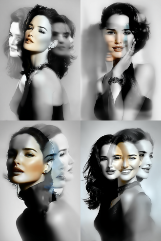 triple exposure portrait, highlight control, gradient of light and shadow, semi- overlapping areas. blends traditional chinese ink painting and oil painting styles, museum-quality piece. high resolution, soft lighting, delicate texture, classical tones, rembrandt-like lighting. model wearing a tech-savvy bracelet and vr glasses, the vr glasses are , movie-style lighting illuminates the face, conveying a sense of happiness and satisfaction. medium telephoto lens, stylized param