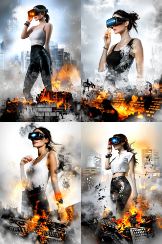 高挑女子立于焦黑工业网络废墟之巅，手握发光脉冲种子，佩戴华为手环9与透明vr眼镜，手环微光显示时间，vr镜片透出明亮双眸，脚下是碳火灼烧的键盘，侧光摄影，幸福怀旧微笑，凝视历史长河，赛博朋克废墟美学，低饱和度色调，广角镜头，电影感光影，柔和背光，细节特写，情感深度，未来复古风。