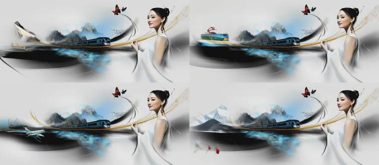 a panoramic ink wash painting, wide-angle view from a high vantage point. a serene young woman in simple modern attire stands at the lower right golden ratio point, smiling gently, golden threads spiraling from her fingertips toward a luminous void at the center of the composition. along the spiral, all things dance in harmony: high-speed trains and vintage green trains run side by side across the grassland; ocean pastures with aquaculture net cages shimmer on the south china sea, where a giant ship sails; a fleet of logistics trucks winds along a coastal road; drones and passenger aircraft share the sky; a flock of cranes crosses the golden himalayan peak. near the woman, a butterfly and a small bird rest quietly. all connected by delicate golden lines — not a net, but a dance. sparse composition, ample white space. bada shanren brushwork, minimalism, clean brushstrokes. ink as backbone, with cyan for sea, grassland, and ocean pastures, and warm gold for the connecting threads. cinematic lighting, low saturation, tranquil yet vibrant. museum-grade quality, ethereal and inviting.