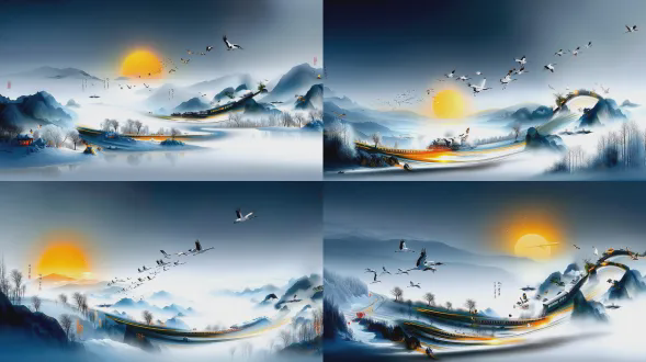 aerial panoramic photography, bird's-eye view of a snowy winter landscape in heilongjiang, northeast china. extreme cold, vast white tundra, frozen rivers, snow-covered mountains. a perfectly round winter sun rises at the eastern horizon, its pale golden light casting long soft shadows across the snow. foreground: a flock of red-crowned cranes flies in a graceful v-formation, their long necks and wings silhouetted against the rising sun. midground: a c919 airliner crosses the sky, accompanied by a swarm of drones flying in coordinated formation. below, a high-speed train glides on a straight elevated railway, while a vintage green train winds slowly through the snow-covered valley. a frozen river curves around the mountains. on the highway, streams of car lights blur into soft lines. background: dense white birch forests covered in rime frost and snow fog. occasionally, a horse-drawn wooden sleigh moves along a snow path. camera: canon 1dx mark iii, 11.2f telephoto lens (ultra-long focal length), iso 50, wide-angle perspective with soft focus on edges, side-backlighting, cinematic lighting. style: epic atmosphere, museum-quality fine art photography, hyper-realistic with a touch of surreal winter magic.