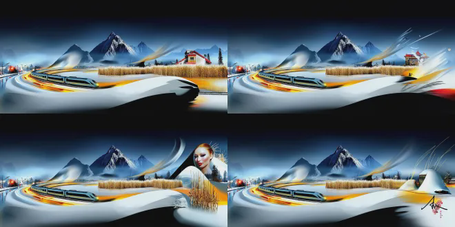 鸟瞰摄影风格，1dx3佳能相机，32f长焦镜头，50iso，黑龙江严寒，冰雪覆盖，白雪皑皑，白山黑水皆白，黎明前天色，地面灯光如繁星，万米高空鸟瞰地面，无人机集群提供帮助，高铁，绿皮火车蜿蜒身影，美丽的白桦林，雪野机卷堆的玉米杆，偶然炊烟，超现实主义，高速路车河图腾，山环水绕，广角镜头，柔焦，侧逆光，电影打光，慢镜头，追随拍摄，动态虚影，拖动光影，高端杰出摄影师拍摄，史诗氛围，博物馆级别。