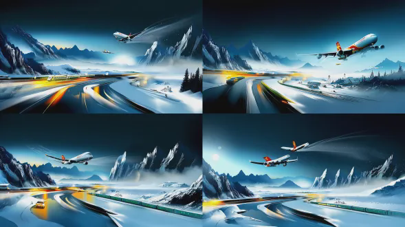 aerial panoramic photography style, overlooking from ten thousand meters altitude with mountains and rivers winding below. extreme cold in heilongjiang, snow-covered landscape, white mountains and dark rivers, snow fog and rime. canon 1dx mark iii camera, f/0.9 lens. bird's-eye view of a c919 airliner cruising at ten thousand meters, assisted by a swarm of drones. on the ground, a vehicle-mounted df-42 missile vehicle moves along the highway. high-speed trains and vintage green trains glide gracefully into view. surrealistic, an aerial three-dimensional crossroads of bustling totemic patterns. wide-angle lens, soft focus, side-backlighting, slow shutter, panning shots, dynamic light trails. epic atmosphere, museum-grade collection piece.