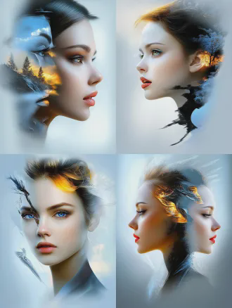 multiple exposure portrait photography, average, weighted average, and lighten blending modes controlling highlights. natural light and shadow transitions, soft overlapping areas. blending photography with european oil painting style. three layers with gradually diminishing sharpness. flawless skin texture, no grain, no wrinkles, no blemishes, smooth and luminous complexion. canon 1dx mark iii color science, natural fair skin tone, rosy and radiant, soft even lighting. no harsh shadows, no artifacts, no digital noise. varied expressions of joy, anger, sorrow, and happiness. museum-quality collection piece. high resolution, soft light, delicate texture, modern tones, deep emotion.