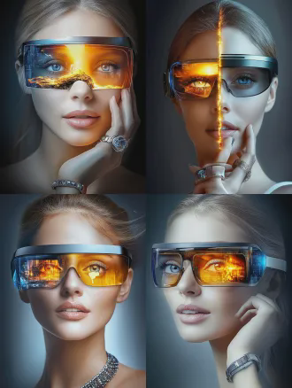 triple exposure portrait, self-controlled highlights, gradient light and shadow, photographic style, multiple exposure average mode. canon 1dx mark iii camera, f/5.6 aperture, museum-quality piece. high resolution, soft lighting, delicate texture. model wears tech-savvy bracelet and vr glasses, model's gaze pierces through vr lenses, bright eyes visible from outside, cinematic lighting on face, conveying happiness and contentment. medium telephoto lens.