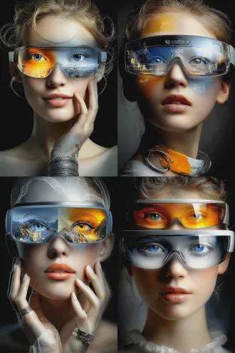 triple exposure portrait, self-controlled highlights, gradient light and shadow, photographic style, multiple exposure average mode. canon 1dx mark iii camera, f/5.6 aperture, museum-quality piece. high resolution, soft lighting, delicate texture. model wears tech-savvy bracelet and vr glasses, model's gaze pierces through vr lenses, bright eyes visible from outside, cinematic lighting on face, conveying happiness and contentment. medium telephoto lens.