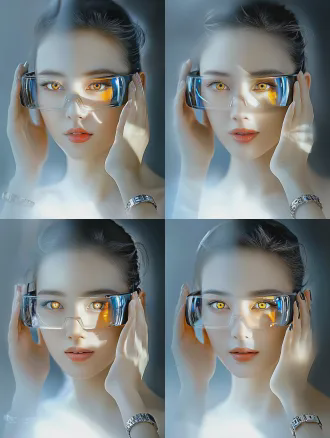 triple exposure portrait, self-controlled highlights, gradient light and shadow, photographic style, multiple exposure average mode. canon 1dx mark iii camera, f/5.6 aperture, museum-quality piece. high resolution, soft lighting, delicate texture. model wears tech-savvy bracelet and vr glasses, model's gaze pierces through vr lenses, bright eyes visible from outside, cinematic lighting on face, conveying happiness and contentment. medium telephoto lens.
