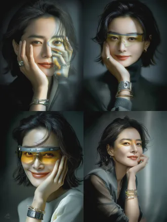 triple exposure portrait, self-controlled highlights, gradient light and shadow, photographic style, multiple exposure average mode. canon 1dx mark iii camera, f/5.6 aperture, museum-quality piece. high resolution, soft lighting, delicate texture. model wears tech-savvy bracelet and vr glasses, model's gaze pierces through vr lenses, bright eyes visible from outside, cinematic lighting on face, conveying happiness and contentment. medium telephoto lens，.style reference 150。