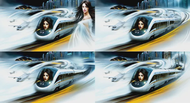 鸟瞰视角，超广角0.9f水墨长卷，c919巡航伴无人机，地面导弹车发射，天际线高铁绿皮火车交织，国际邮轮破浪，梁楷减笔人物八大山人花鸟笔意，水墨淋漓大量留白，侧逆光电影布光，慢镜头追随柔焦，动态光影史诗氛围，超现实主义图腾隐现，博物馆级影像质感，