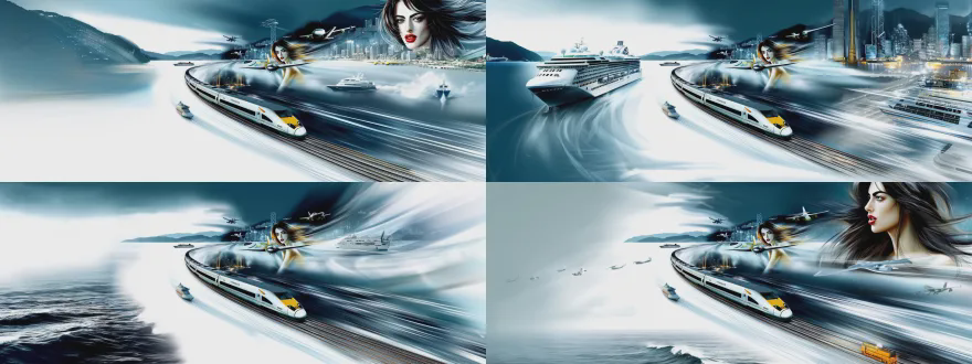 鸟瞰视角，超广角0.9f水墨长卷，c919巡航伴无人机，地面导弹车发射，天际线高铁绿皮火车交织，国际邮轮破浪，梁楷减笔人物八大山人花鸟笔意，水墨淋漓大量留白，侧逆光电影布光，慢镜头追随柔焦，动态光影史诗氛围，超现实主义图腾隐现，博物馆级影像质感，