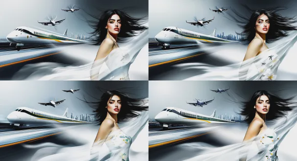 鸟瞰视角，超广角0.9f水墨长卷，c919巡航伴无人机，地面导弹车发射，天际线高铁绿皮火车交织，国际邮轮破浪，梁楷减笔人物八大山人花鸟笔意，水墨淋漓大量留白，侧逆光电影布光，慢镜头追随柔焦，动态光影史诗氛围，超现实主义图腾隐现，博物馆级影像质感，